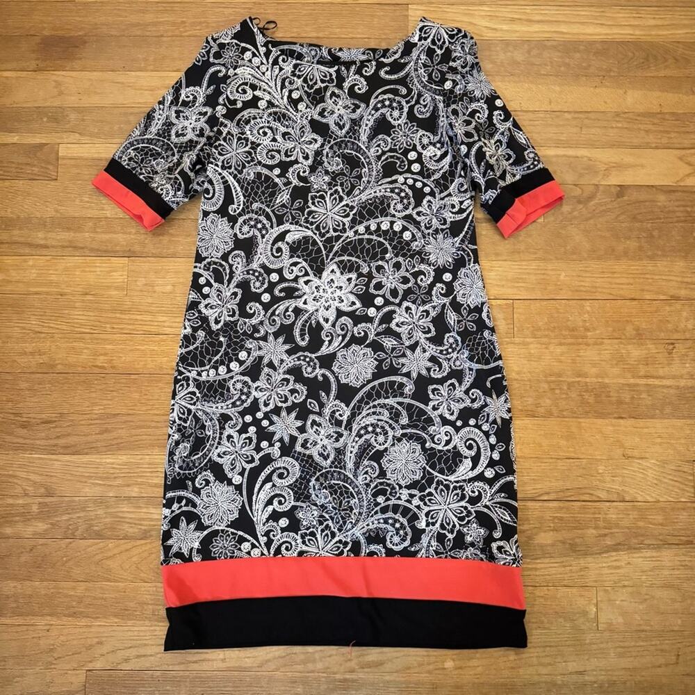 Madison Leigh black white knee length short sleeve career shift dress sz 10
b38